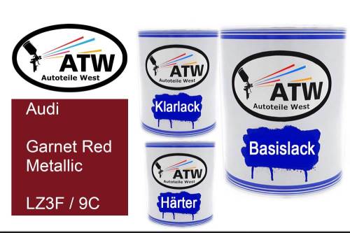 Audi, Garnet Red Metallic, LZ3F / 9C: 1L Lackdose + 1L Klarlack + 500ml Härter - Set, von ATW Autoteile West.